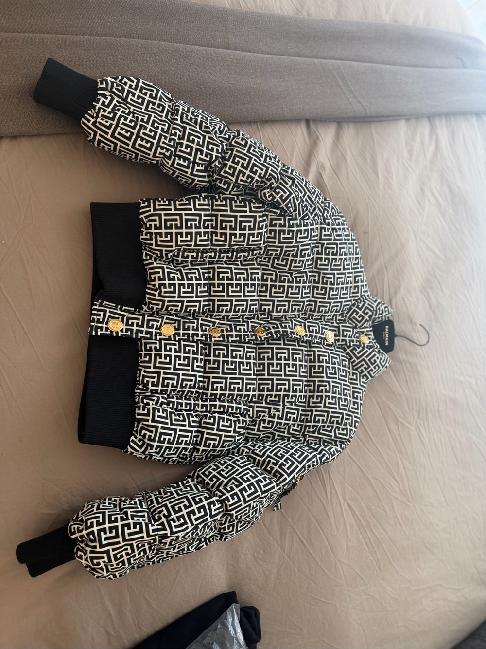 Balmain Black and White Geometric Logo Puffer Bomber Jacket with Gold Buttons - Picture 3 of 4